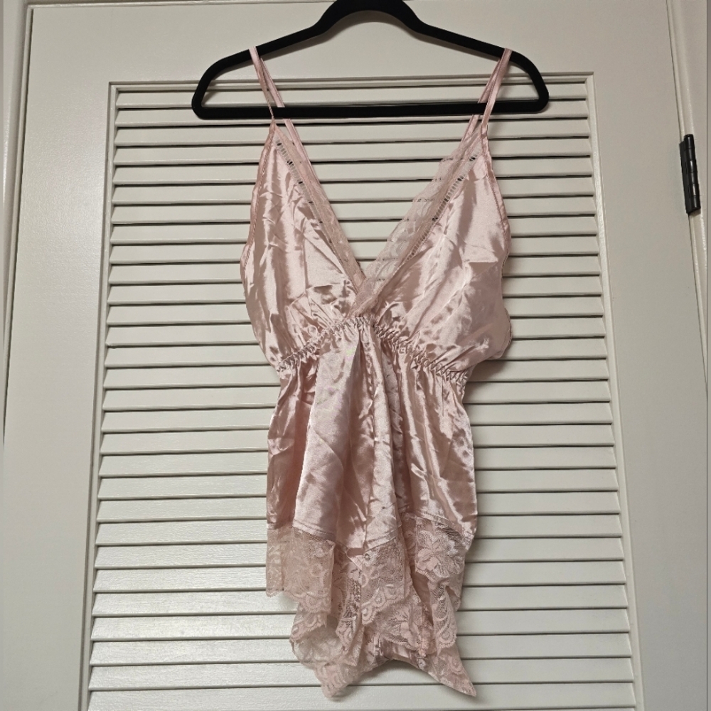 SHEIN - Pink Faux Silk/Lace Sleeveless Lingerie Pajama Romper